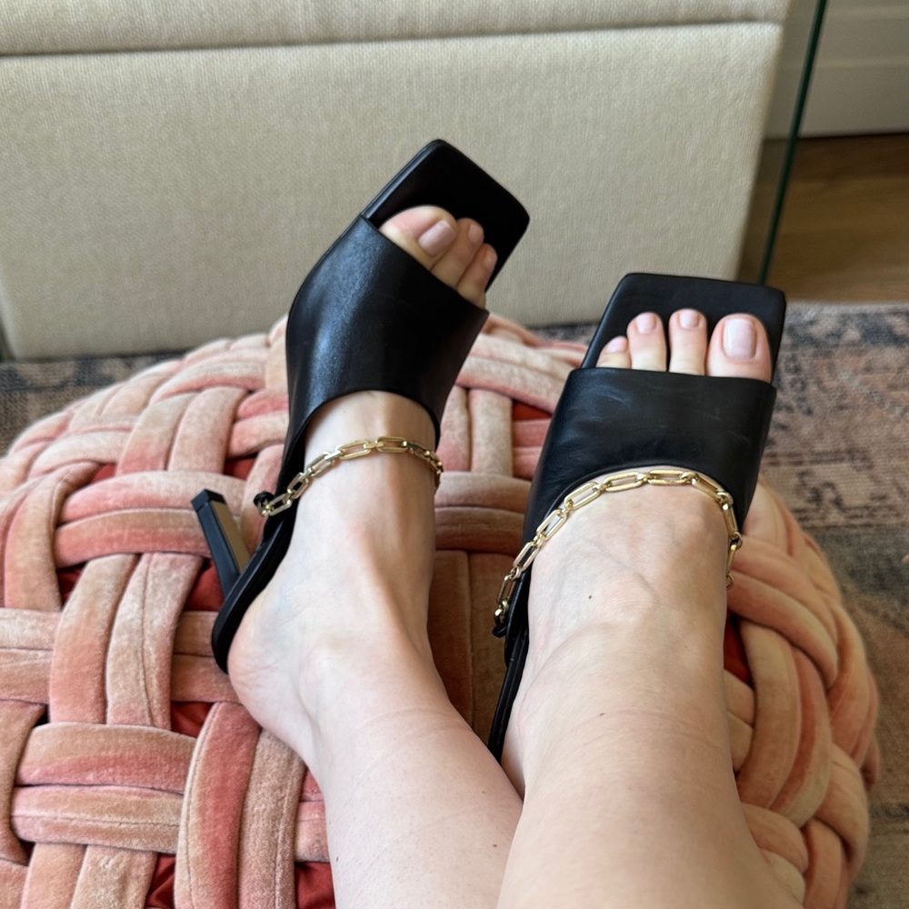 NWT Zara Black Leather Heeled Mules with Gold Chain
